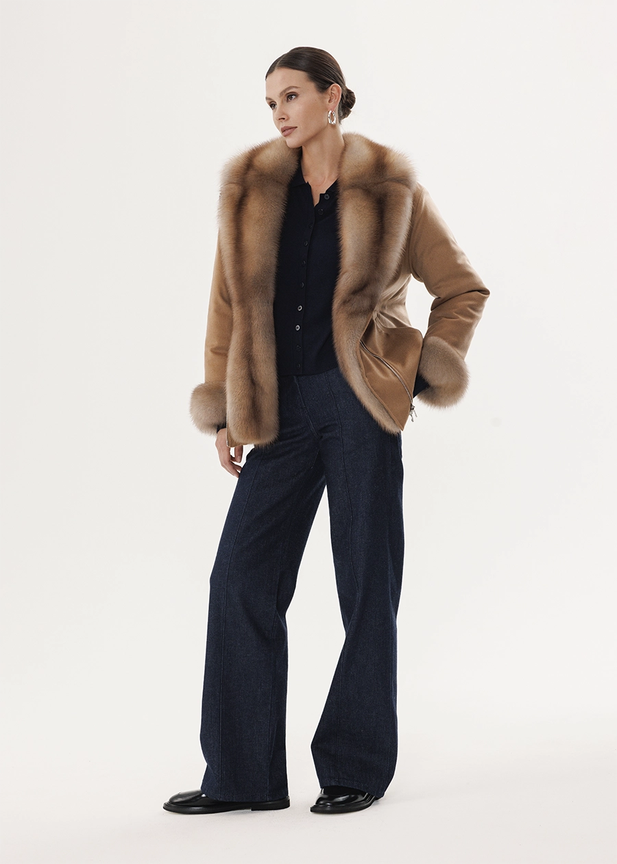 Куртка из кашемира с цельным английским воротником из меха куницы